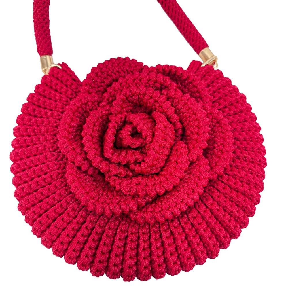 Handmade Red Crochet Floral Shoulder Bag Boho Cottagecore Knit statement purse - Picture 3 of 12